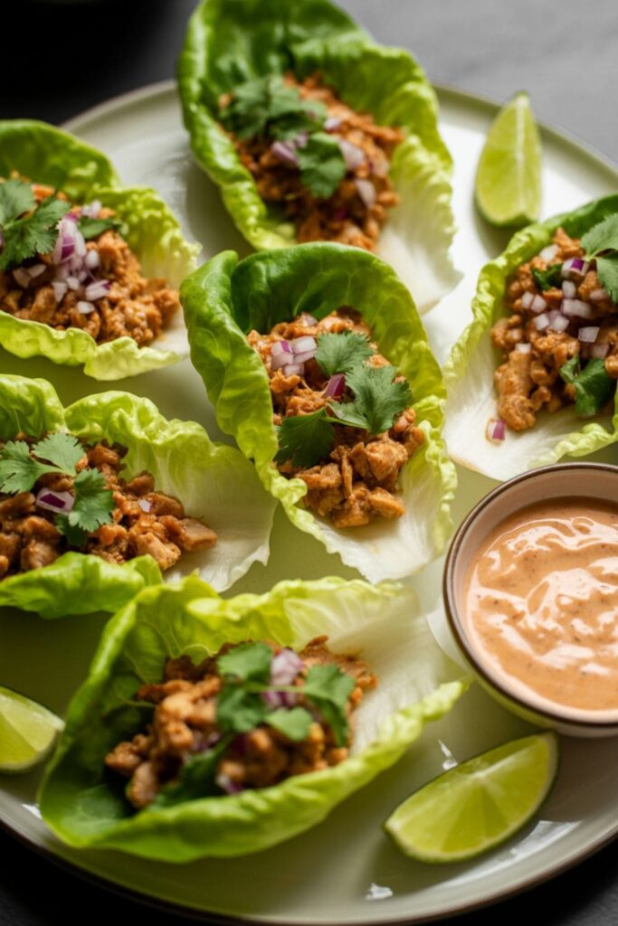 Asian lettuce cups filled with ground chicken, soy sauce, and water chestnuts on a platter