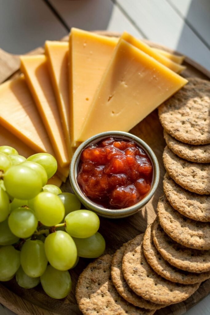 Assorted cheese slices paired with whole-grain crackers on a wooden board with grapes