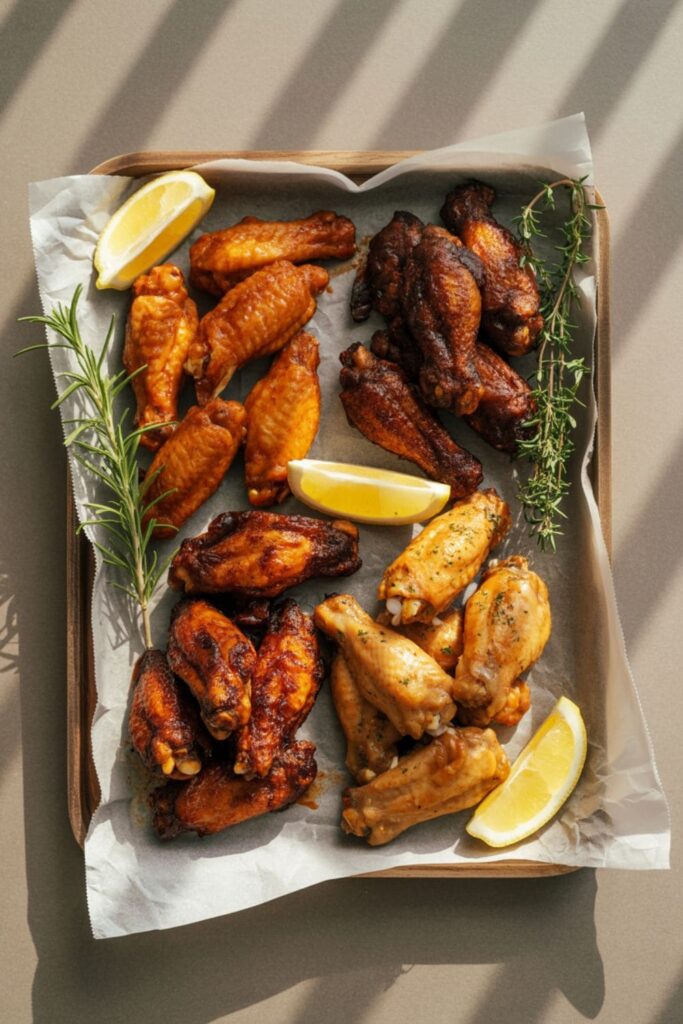 Assorted chicken wings buffalo, barbecue, and honey garlic served on a parchment-lined tray with herbs