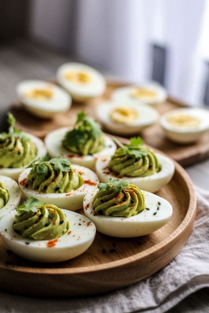 Avocado deviled eggs topped with paprika and garnished with cilantro on a white plate