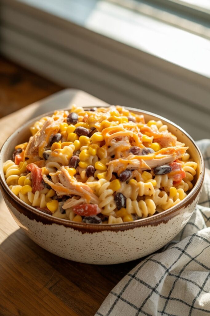 BBQ chicken pasta with shredded chicken, black beans, corn, and cheddar cheese