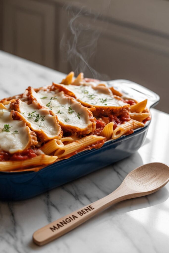 Baked chicken Parmesan pasta with penne, marinara, and browned mozzarella cheese