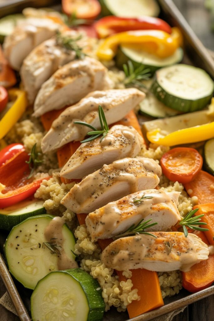 Baked chicken and veggie bowl with roasted sweet potatoes, bell peppers, and quinoa