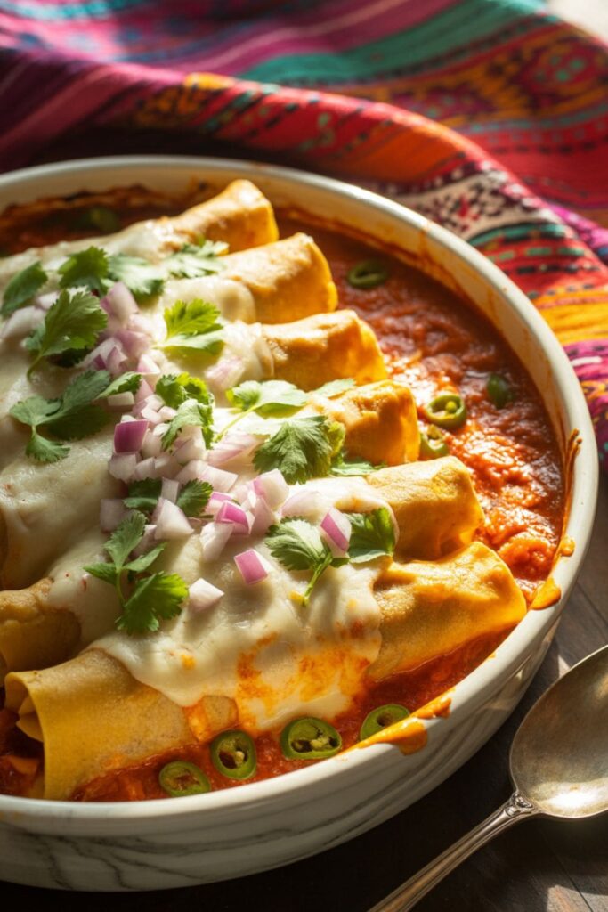 Baked chicken enchiladas topped with melted cheese, diced onions, and fresh cilantro