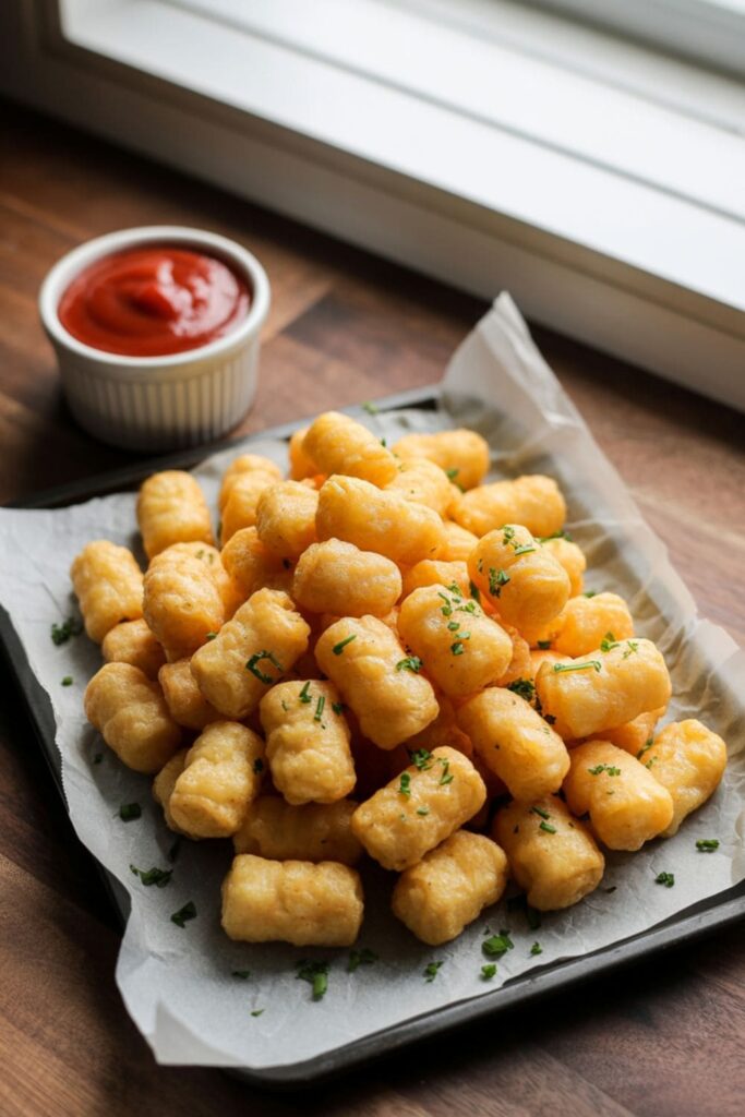 Baked mini potato tots arranged neatly on a parchment-lined tray