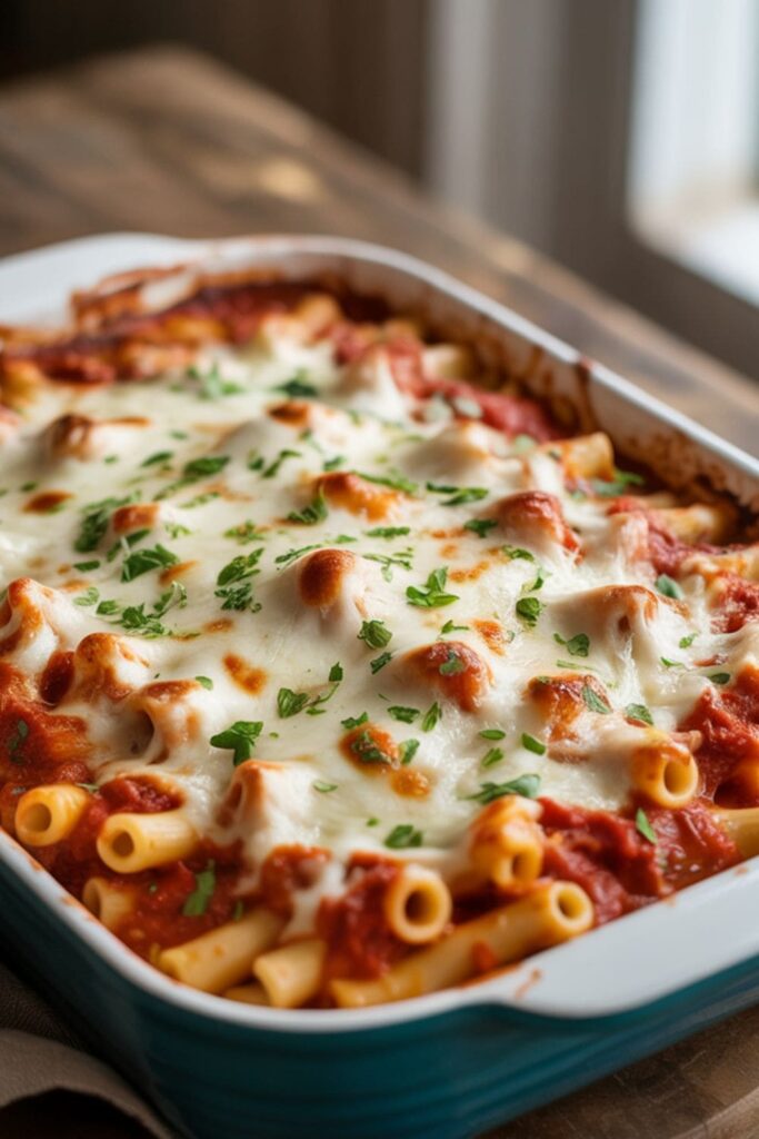 Baked ziti casserole with melted cheese and marinara sauce topped with parsley