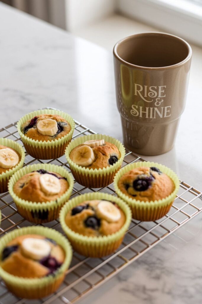 Banana and blueberry mini muffins cooling on a rack with a coffee cup nearby