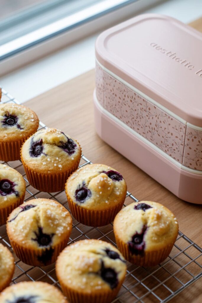 Banana and blueberry mini muffins on a cooling rack with some packed in a lunch container
