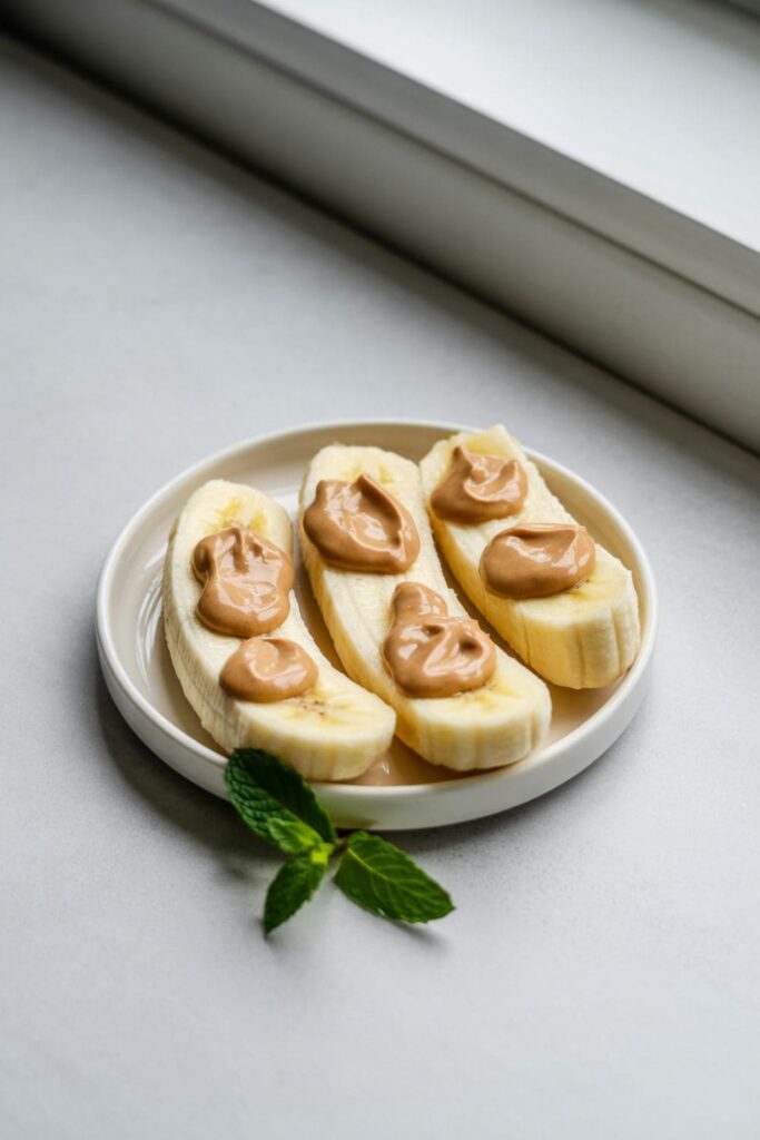 Banana slices stacked with almond butter spread between each round on a white plate