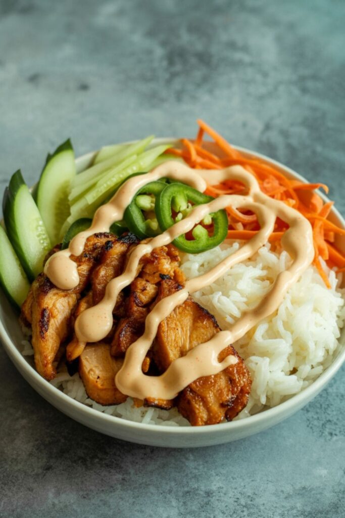 Banh mi chicken bowl with grilled chicken, pickled vegetables, cucumbers, jalapenos, and sriracha mayo