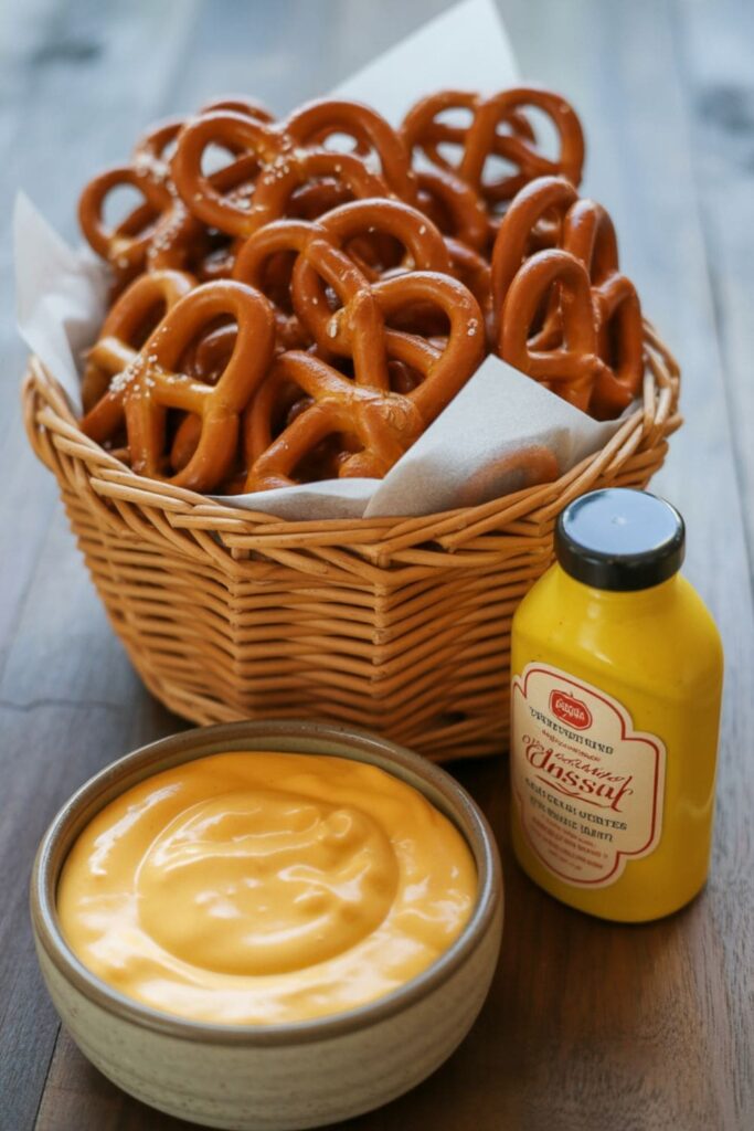 Basket of soft pretzel bites with a bowl of warm cheese dip and mustard on the side
