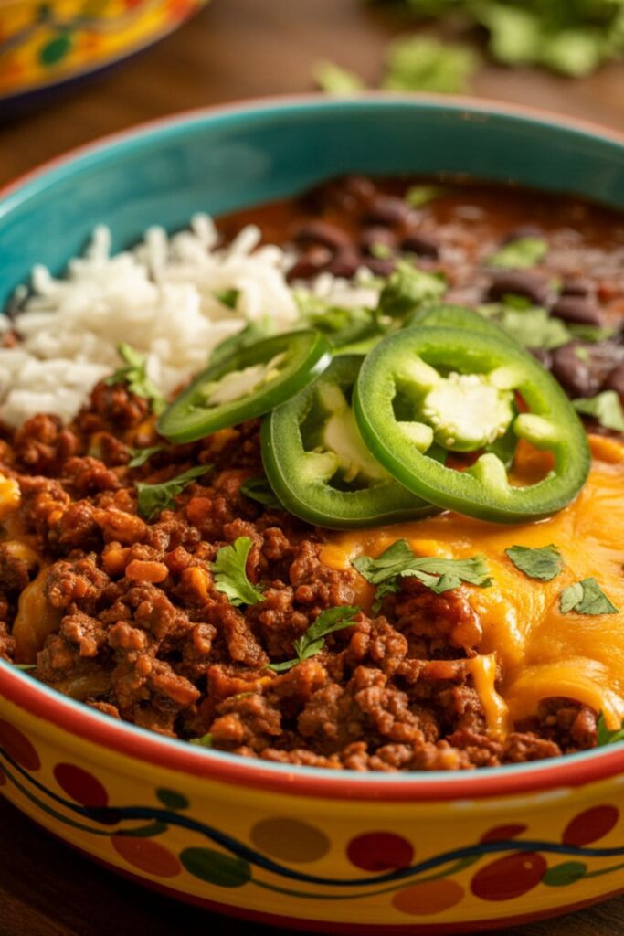 Beef enchilada bowl with black beans, melted cheese, rice, and jalapenos