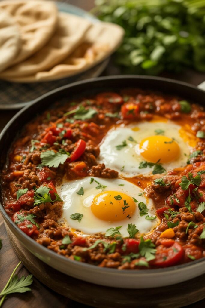 Beef shakshuka with poached eggs and tomato sauce served with pita