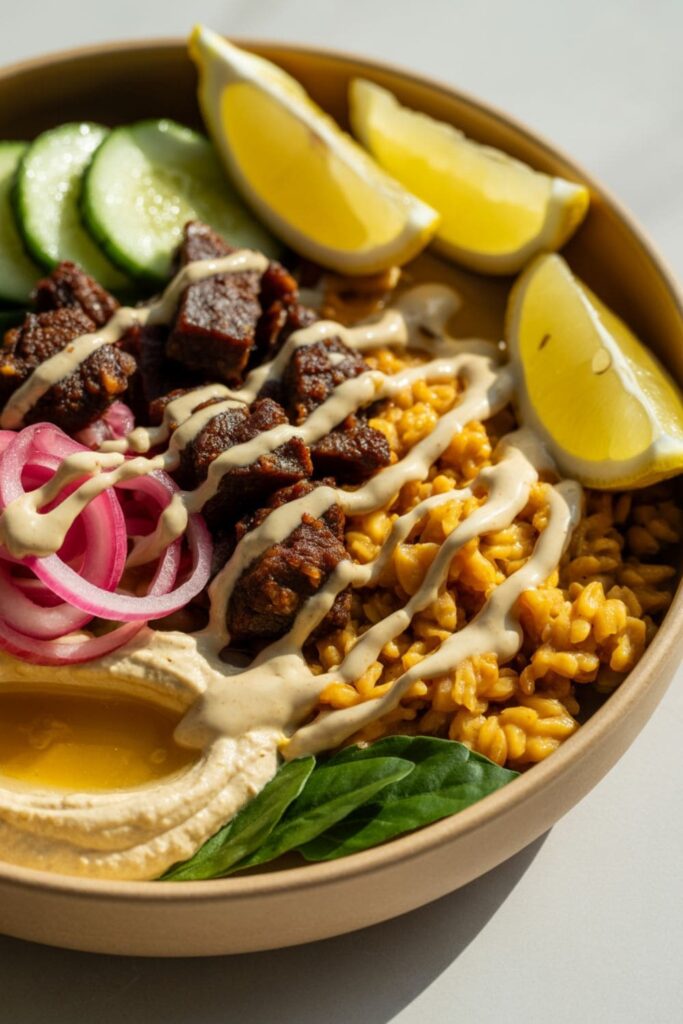 Beef shawarma bowl with turmeric rice, pickled onions, hummus, and tahini drizzle