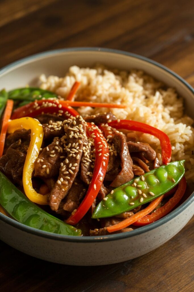 Beef stir-fry bowl with colorful vegetables over steamed white rice