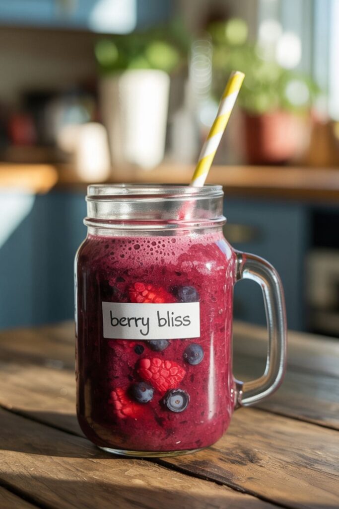 Berry smoothie in a glass jar with fruit and banana slices around