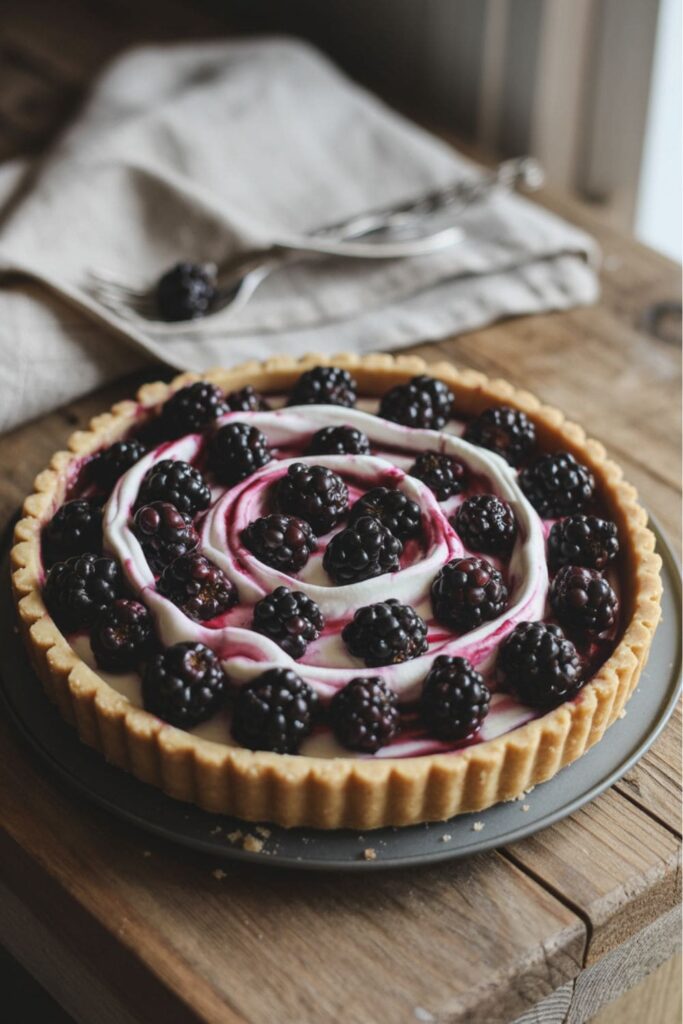 Blackberry cream pie with a shortbread crust and whipped topping