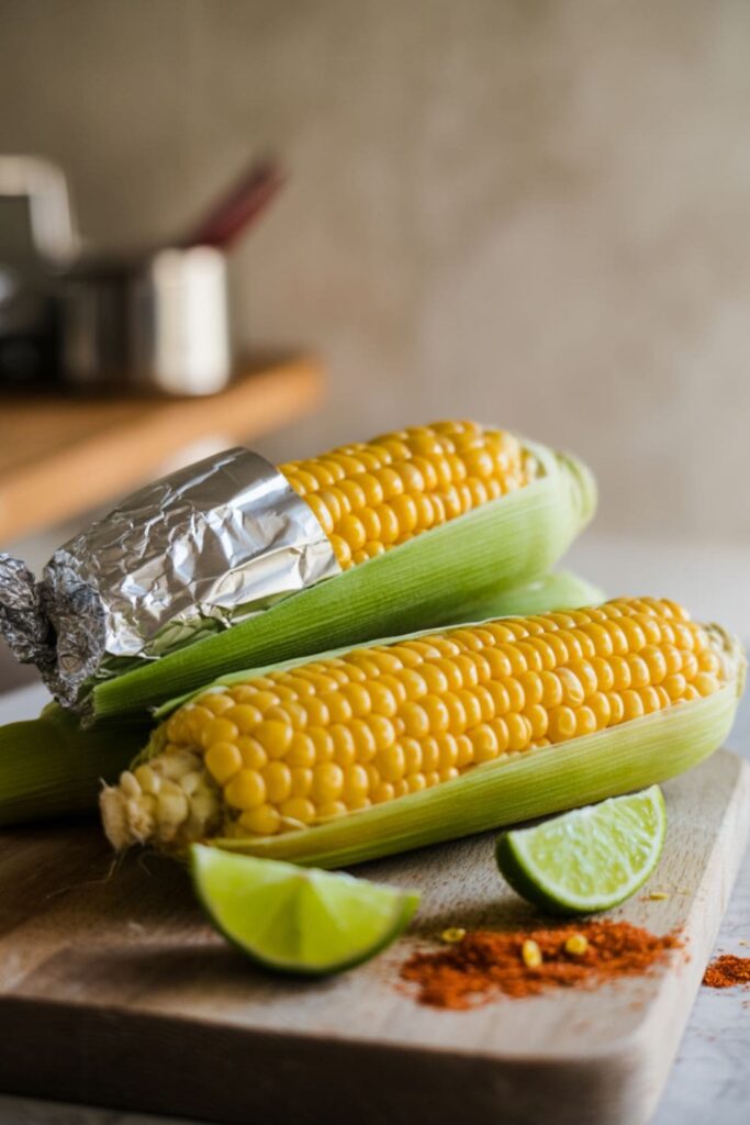 Boiled corn on the cob wrapped in foil with lime wedges and chili powder on the side