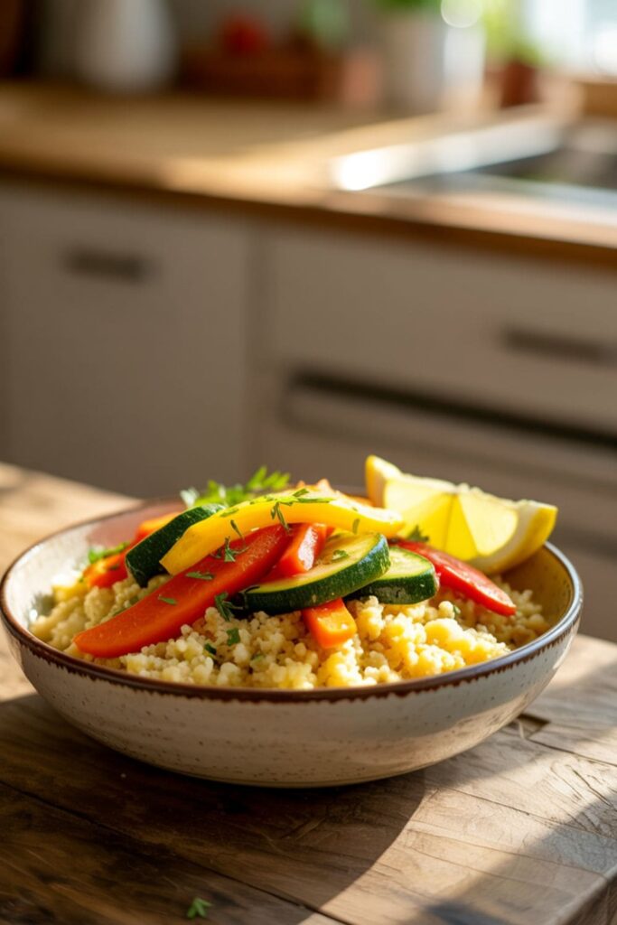 Bowl of couscous topped with roasted vegetables and fresh parsley
