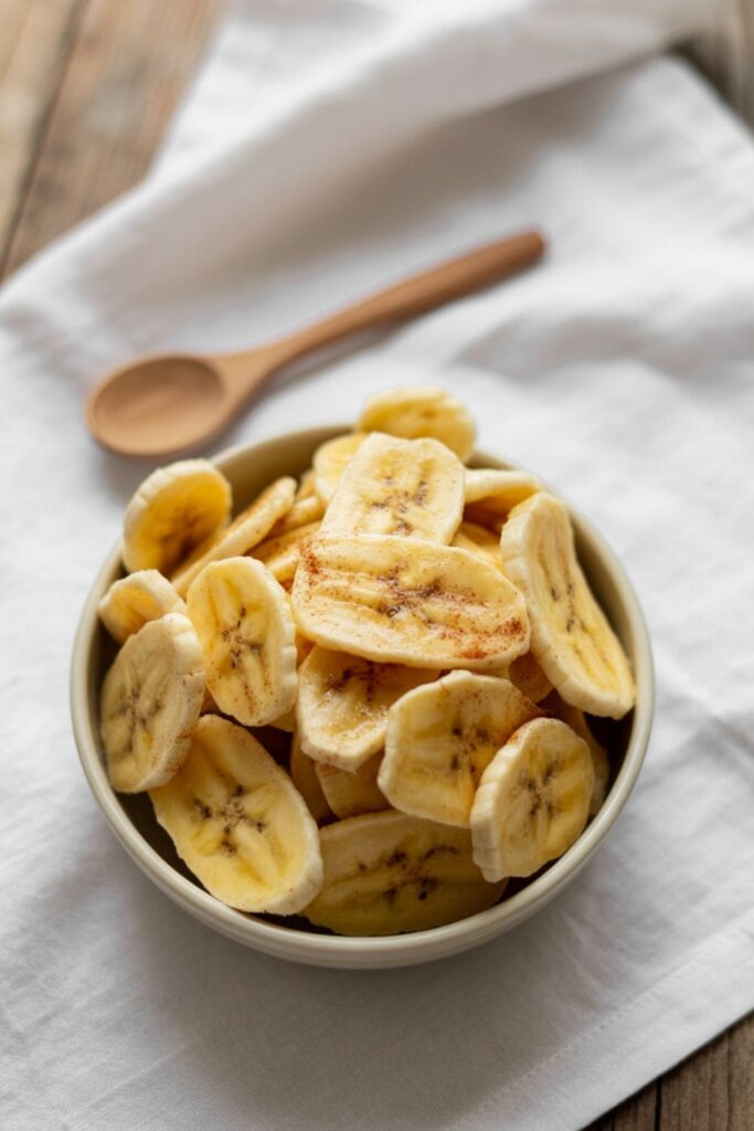 Bowl of crispy baked banana chips with cinnamon sprinkle
