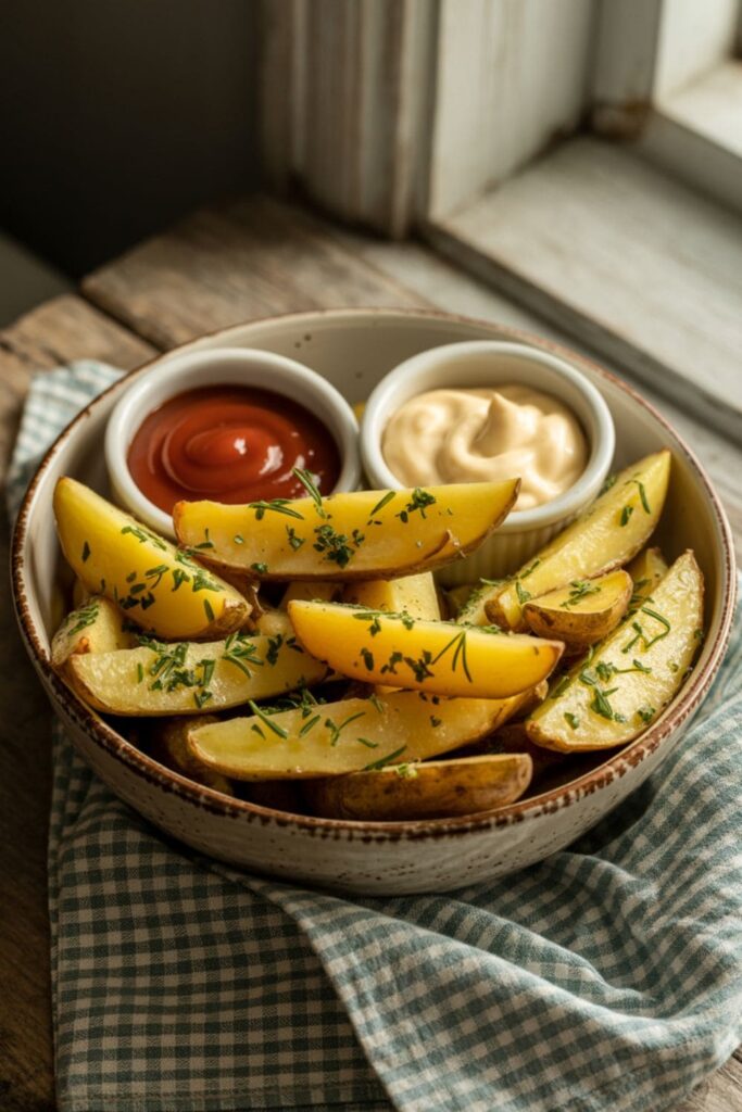 Bowl of crispy baked potato wedges with ketchup and garlic mayo on the side