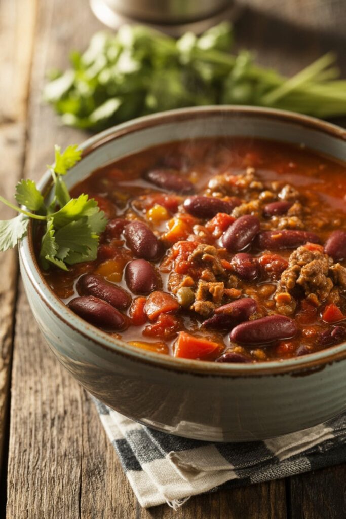 Bowl of hearty ground beef chili served with cornbread