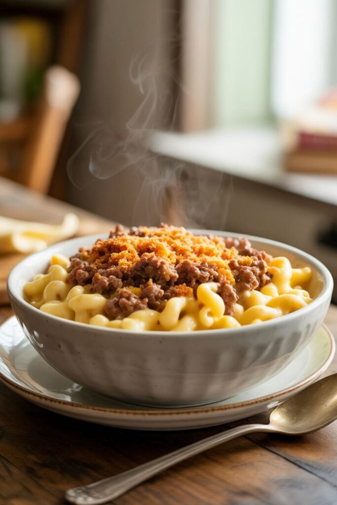 Bowl of mac and cheese mixed with ground beef and breadcrumb topping