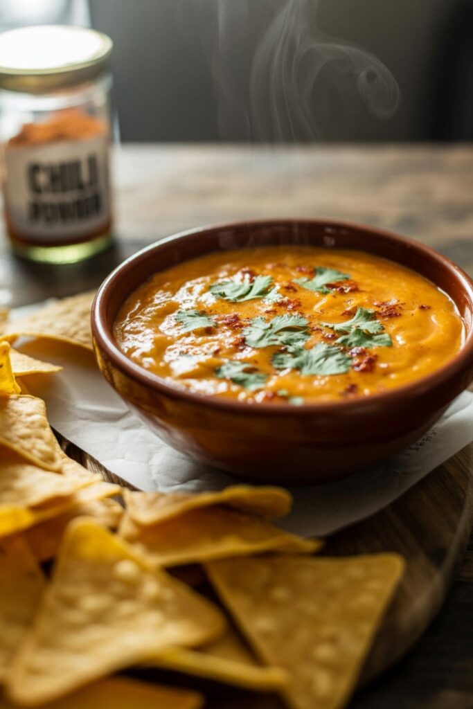 Bowl of warm cheese queso with tortilla chips arranged around it