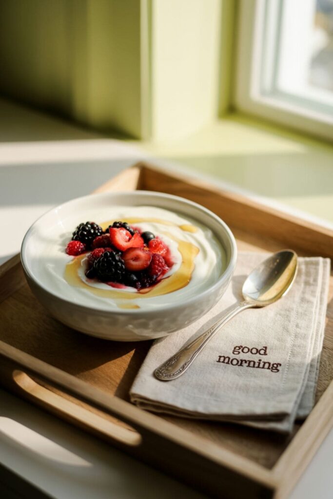 Bowl of yogurt topped with crunchy granola, fresh berries, and a drizzle of honey