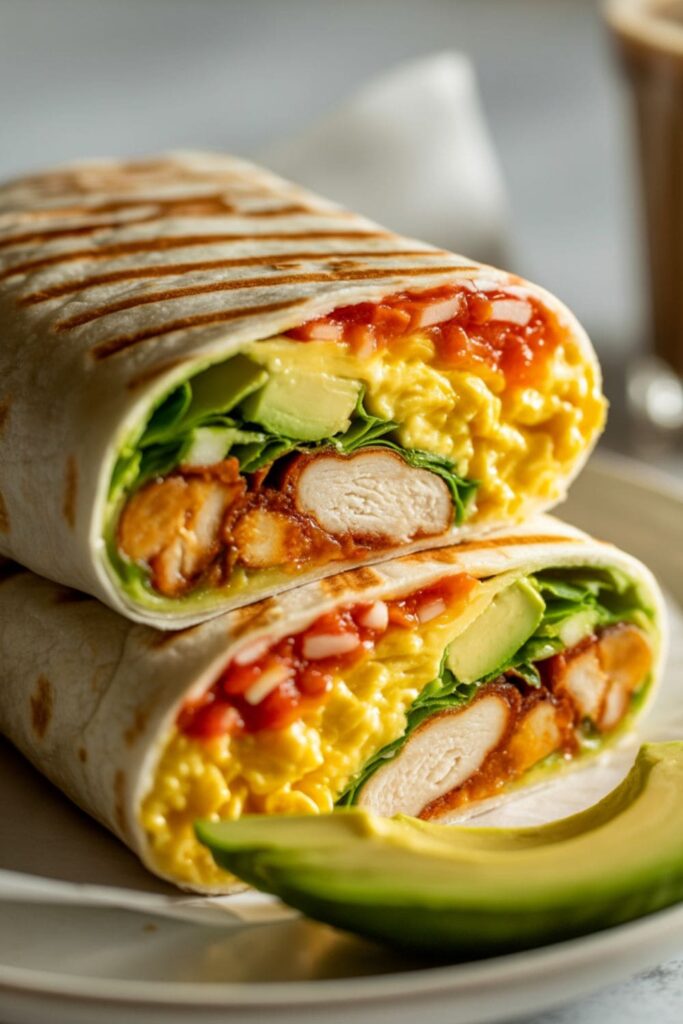 Breakfast burrito filled with scrambled eggs, chicken, cheese, and salsa, cut in half