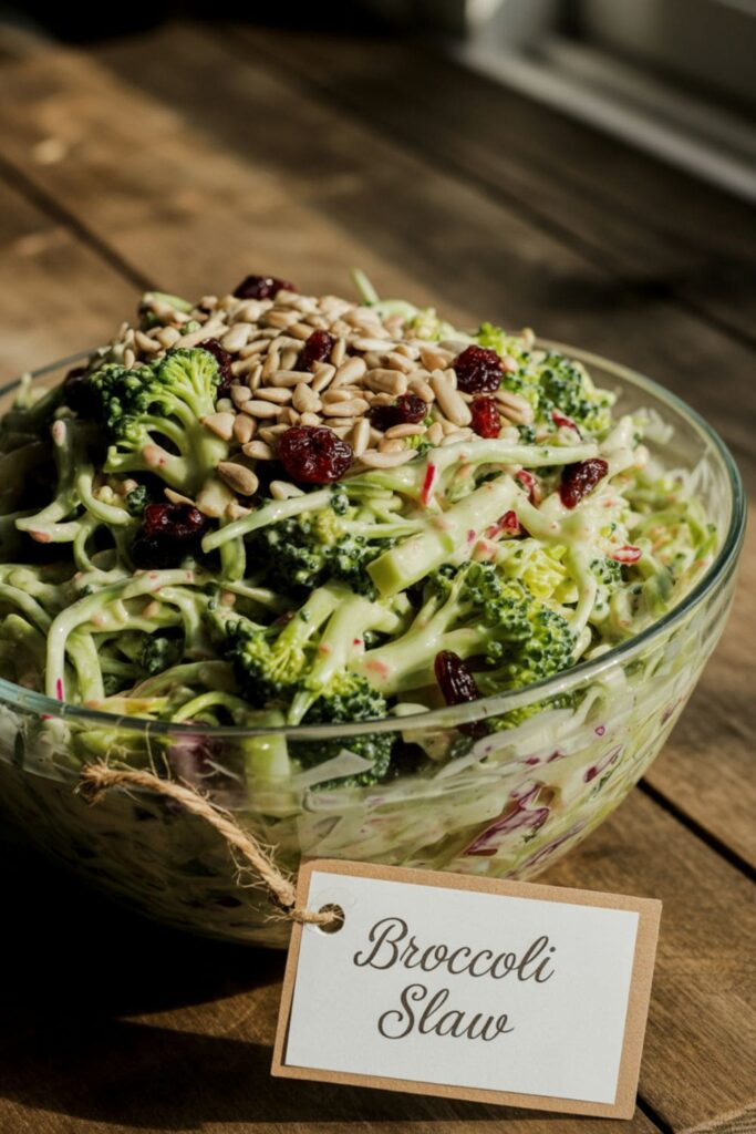 Broccoli slaw in a glass bowl with cranberries, sunflower seeds, and creamy dressing