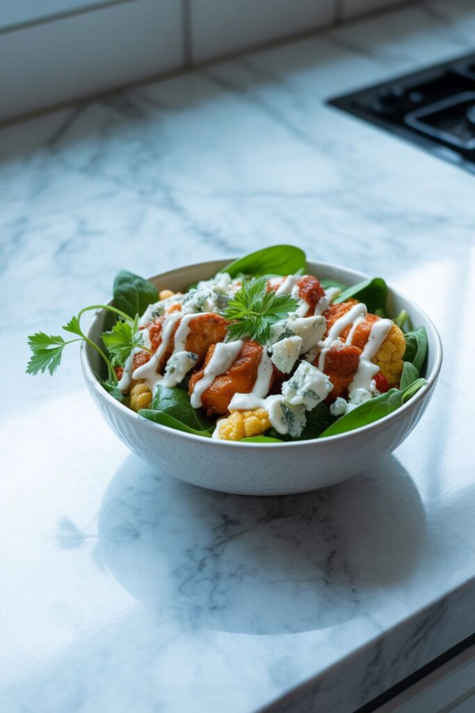 Buffalo chicken with roasted cauliflower, spinach, and blue cheese crumbles in a healthy lunch bowl
