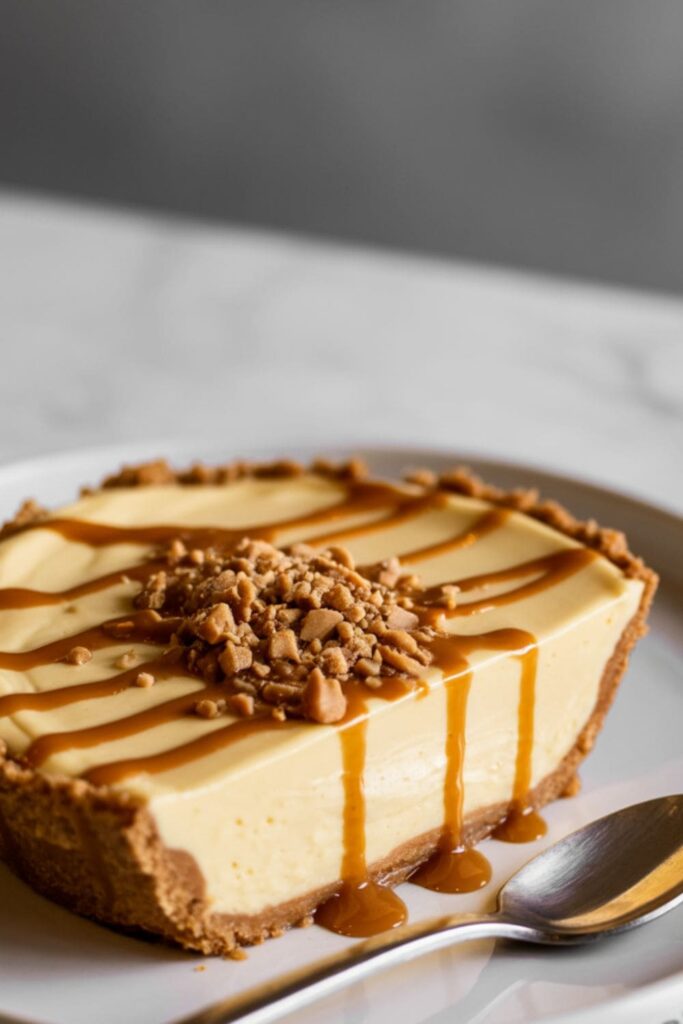 Butterscotch pudding pie topped with caramel drizzle and crushed toffee