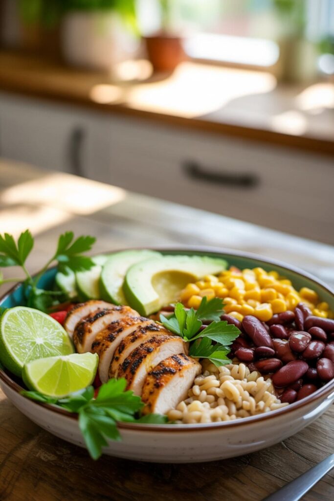 Cajun grilled chicken with brown rice, corn, avocado slices, and kidney beans topped with lime