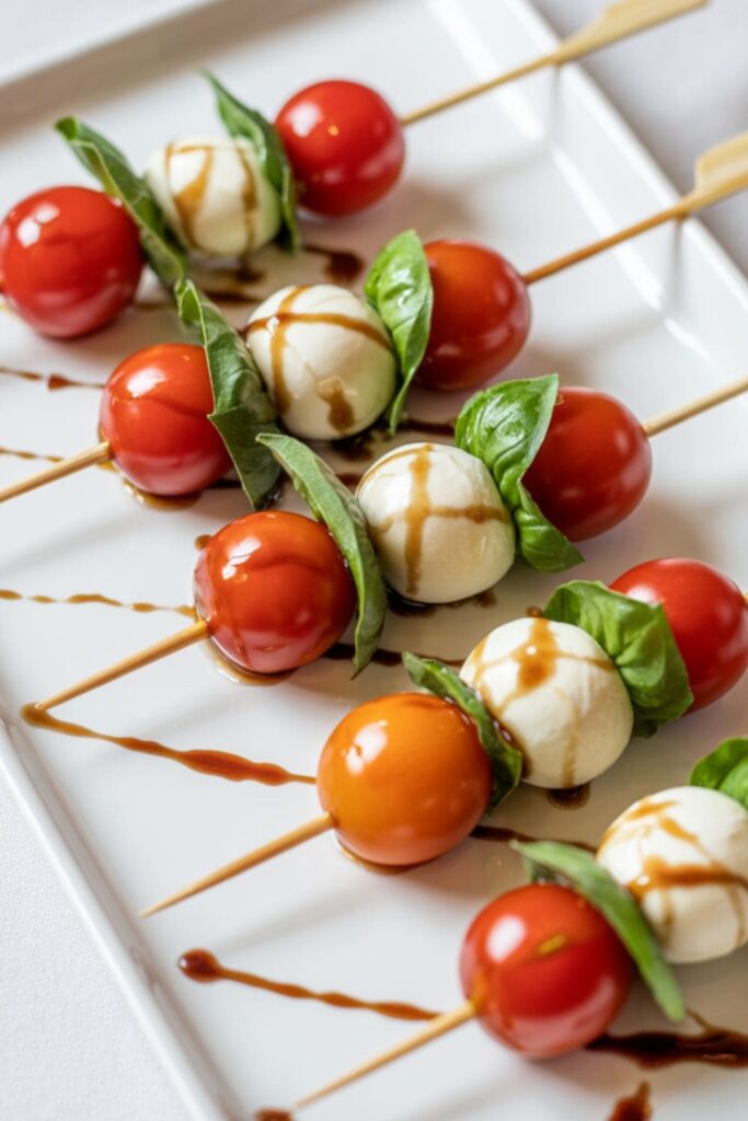 Caprese skewers with mozzarella balls, cherry tomatoes, and basil leaves drizzled with balsamic glaze