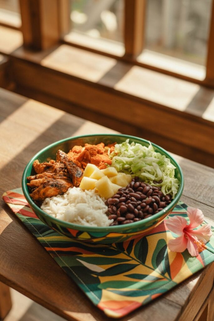 Caribbean jerk chicken with coconut rice, pineapple, black beans, and cabbage slaw in a tropical bowl