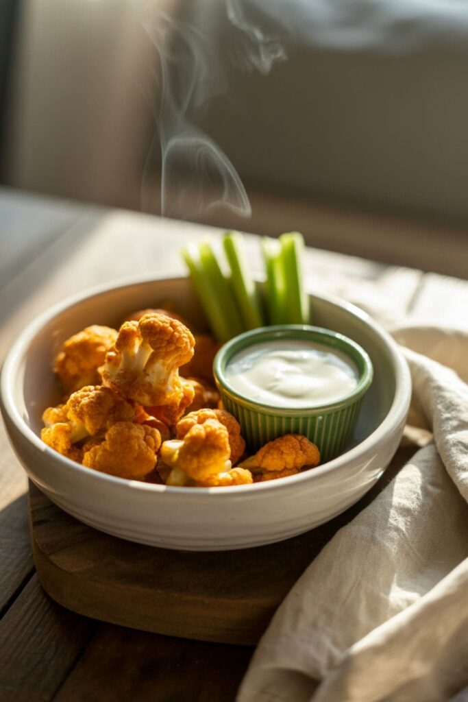 Cauliflower buffalo bites with crispy coating and yogurt dip in a white serving bowl