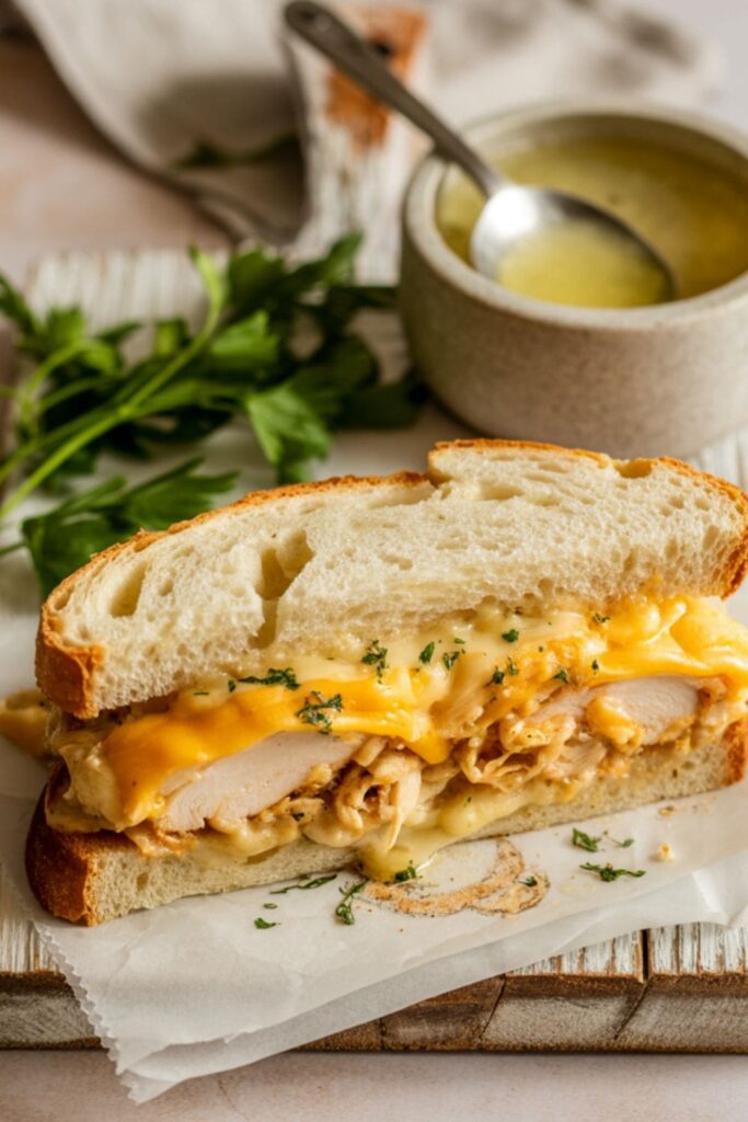 Cheesy chicken garlic sandwich cut in half on a rustic wooden board with melted cheese and garlic butter.