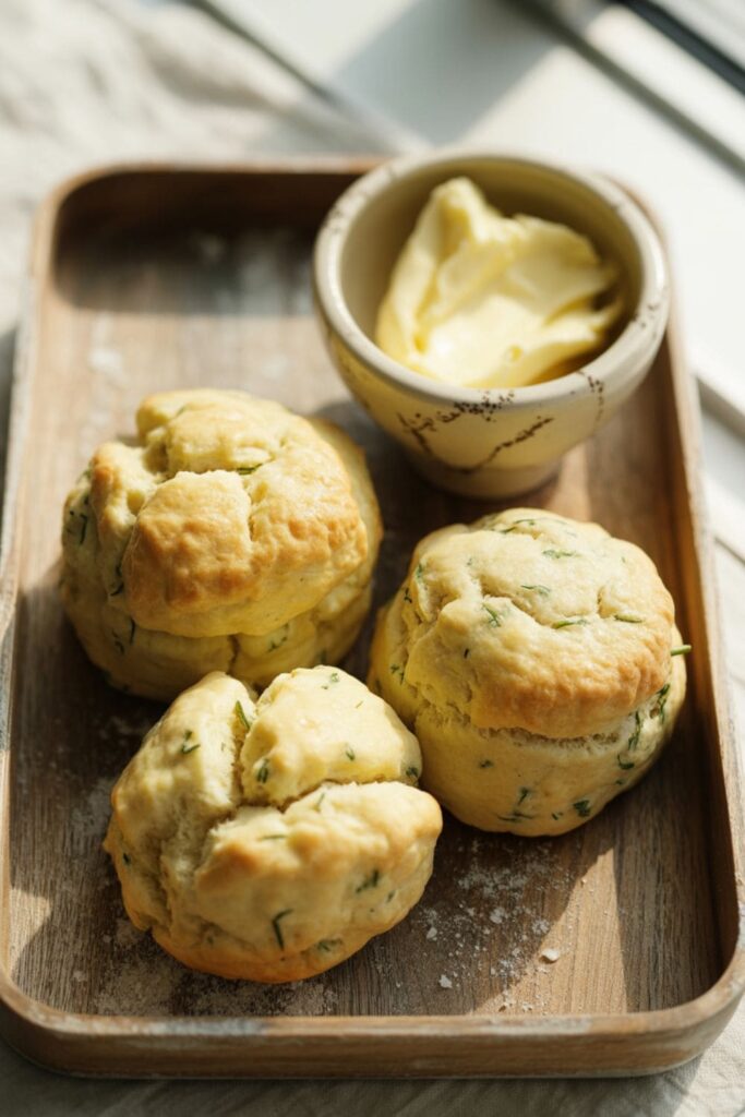 Potato and herb scones stacked on a tray with a butter dish nearby
