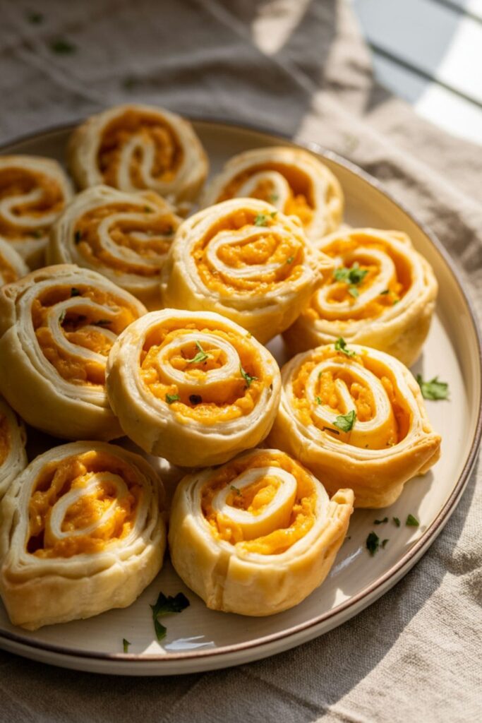 Cheesy potato pinwheels made from puff pastry on a plate with herbs