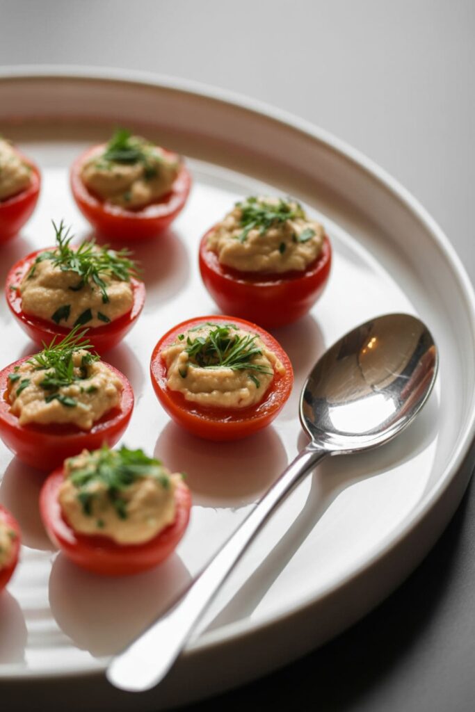 Cherry tomato halves filled with hummus on a small platter