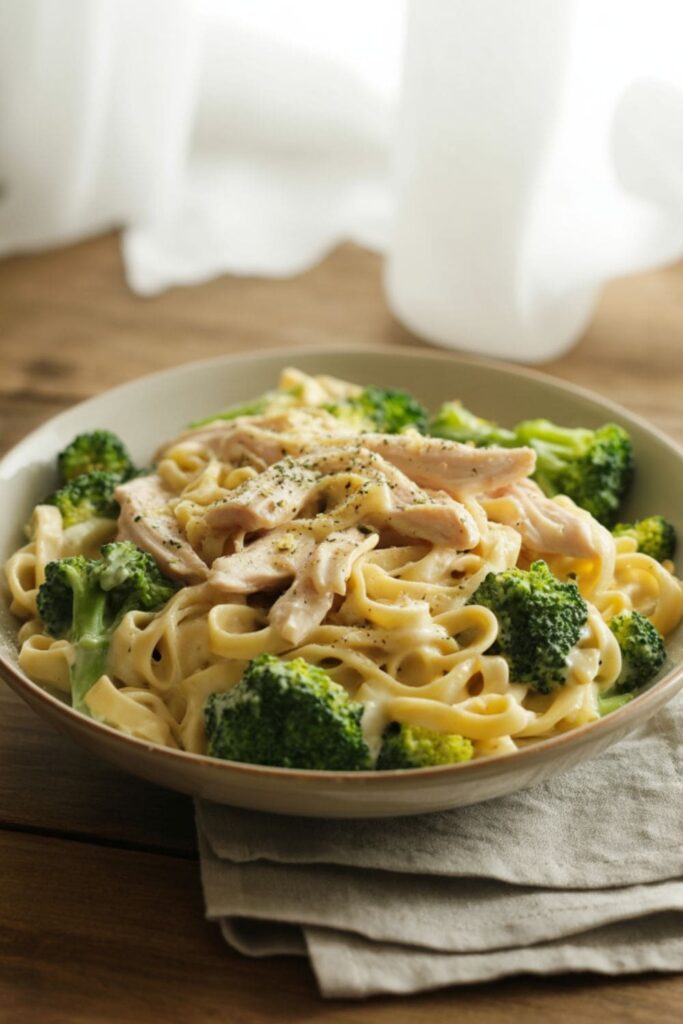 Chicken Alfredo pasta bowl with creamy fettuccine, broccoli, and shredded chicken