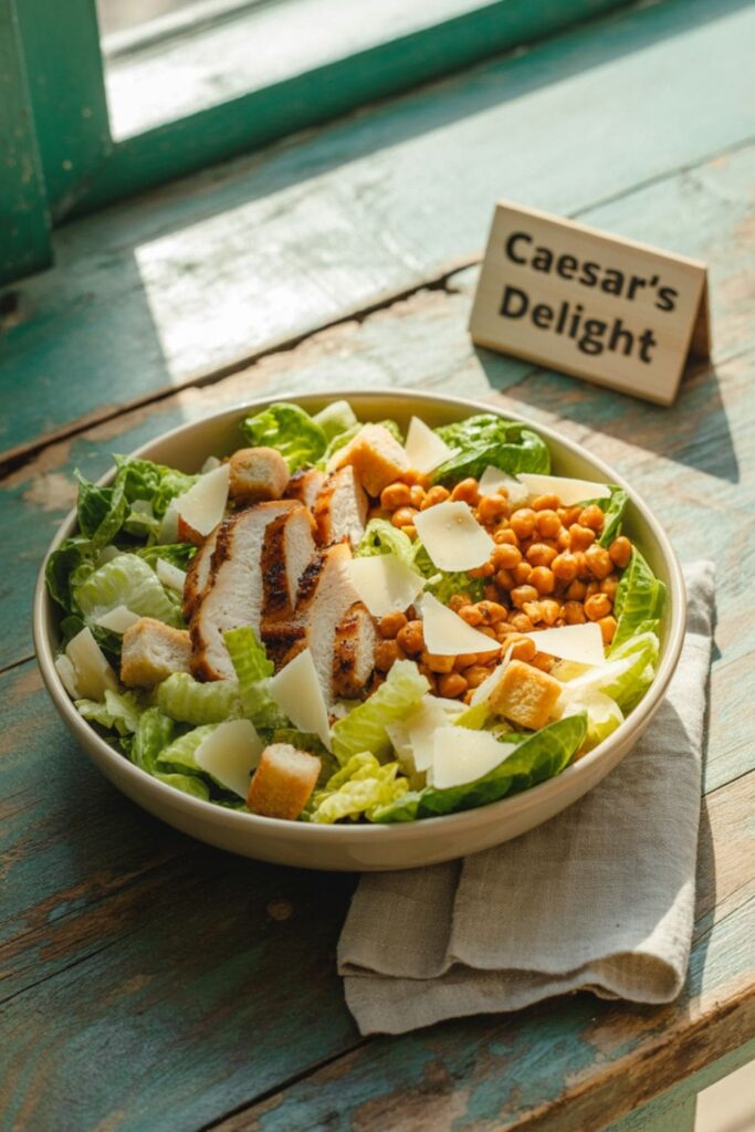 Chicken Caesar salad bowl with romaine, croutons, grilled chicken, parmesan, and chickpeas