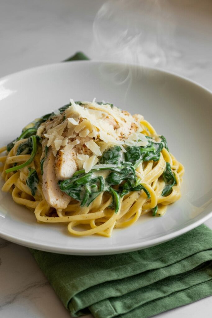 Chicken Florentine pasta with linguine, sauted spinach, and Parmesan cream sauce