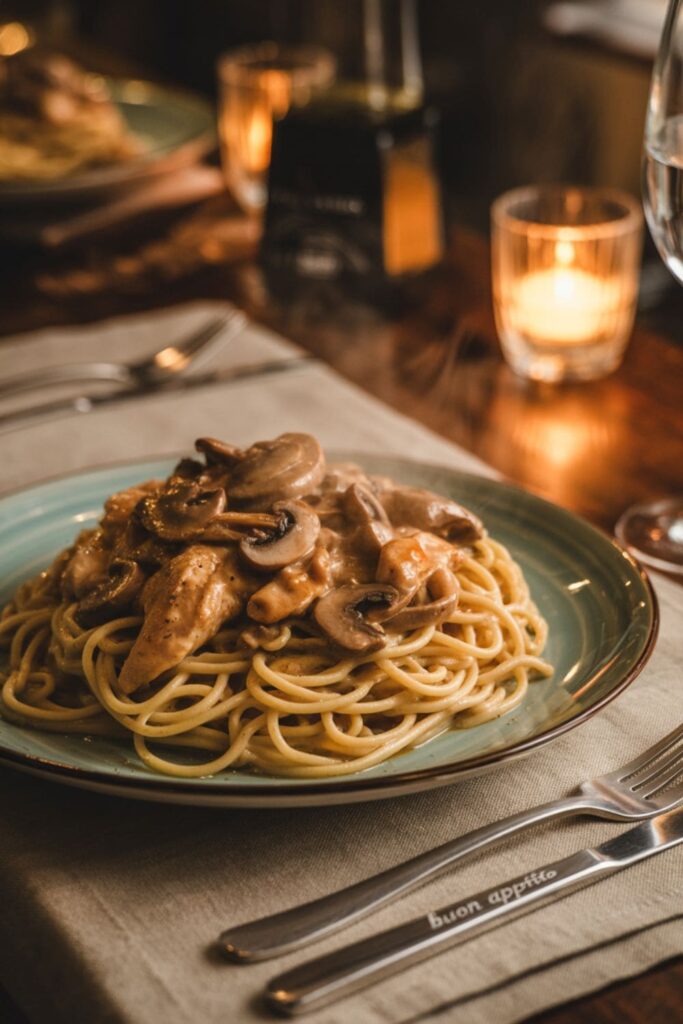 Chicken Marsala pasta with spaghetti, mushrooms