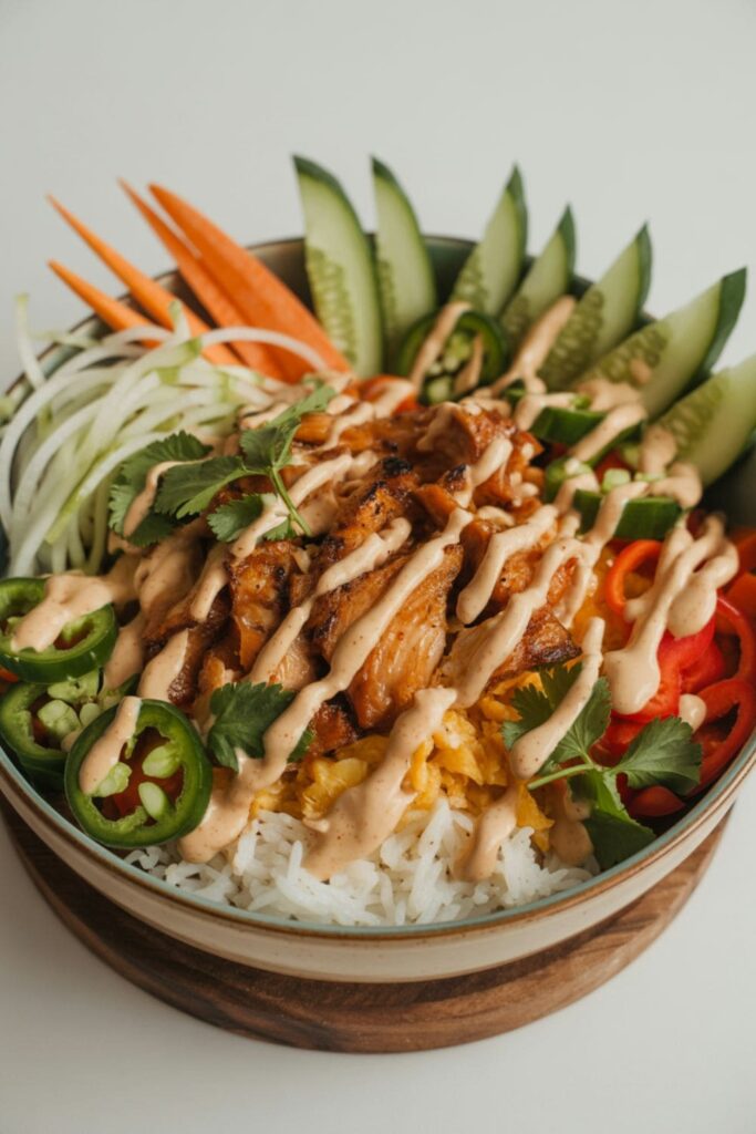 Chicken banh mi bowl with pickled vegetables, jalape+-ªos, cilantro, and spicy mayo over rice