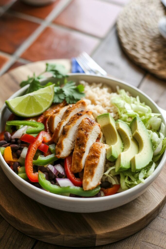 Chicken fajita bowl with bell peppers, onions, rice, black beans, avocado, and shredded lettuce