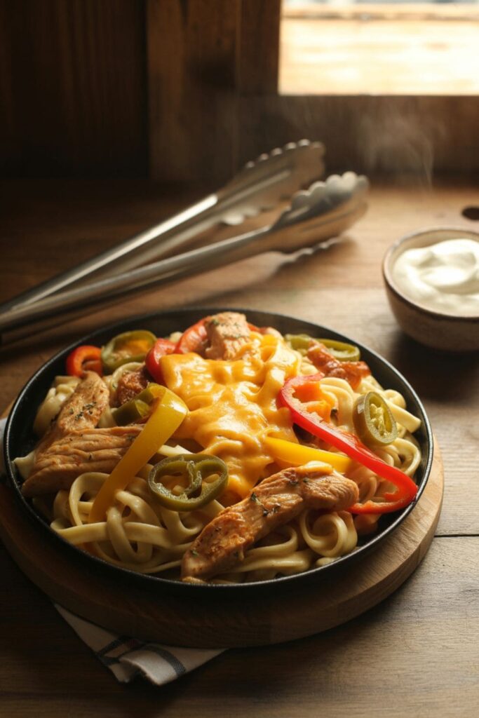 Chicken fajita pasta with bell peppers, onions, jalapenos, and creamy sauce