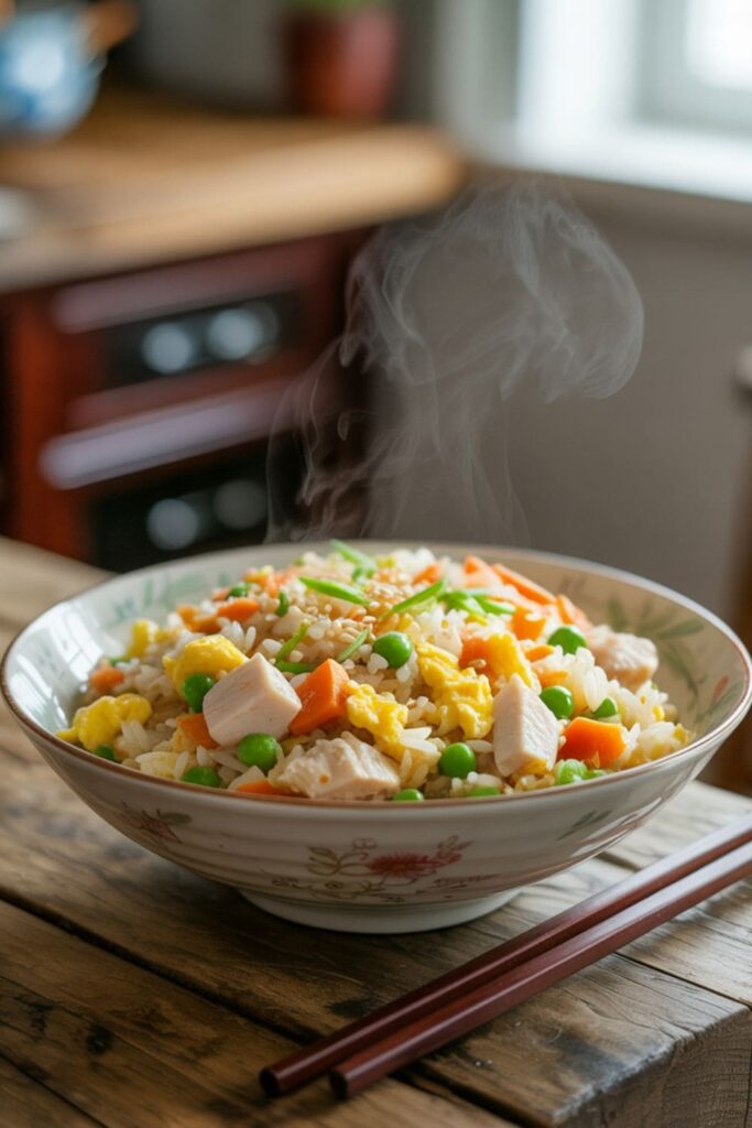 Chicken fried rice bowl with scrambled eggs, peas, carrots, and diced chicken in a ceramic dish