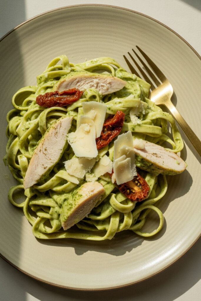 Chicken pesto Alfredo pasta with fettuccine, grilled chicken, and sun-dried tomatoes
